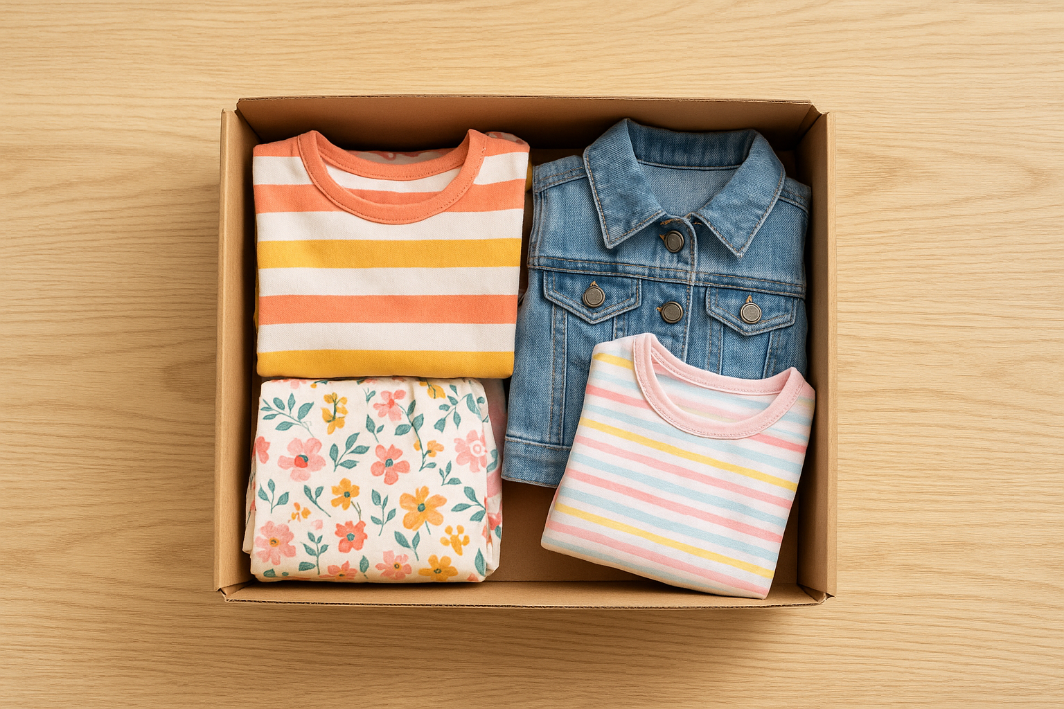 Monthly kids outfit subscription box filled with colorful folded children's clothing