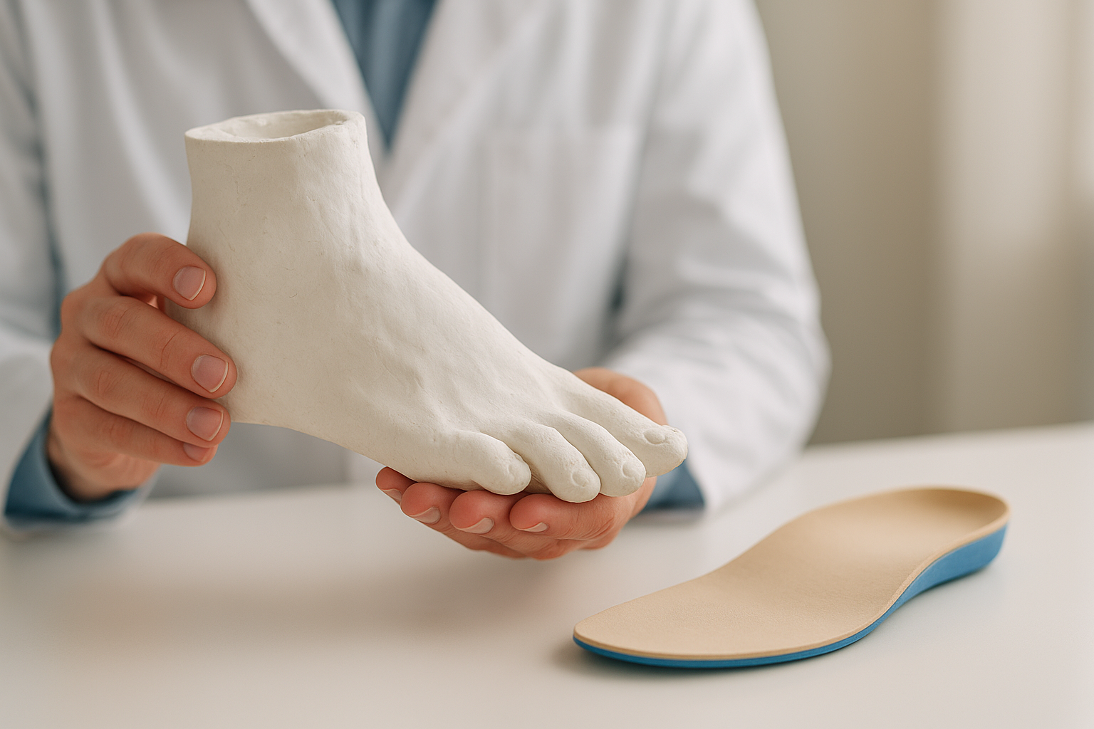 Podiatrist examining a foot mold used to create tailored insoles for flat feet