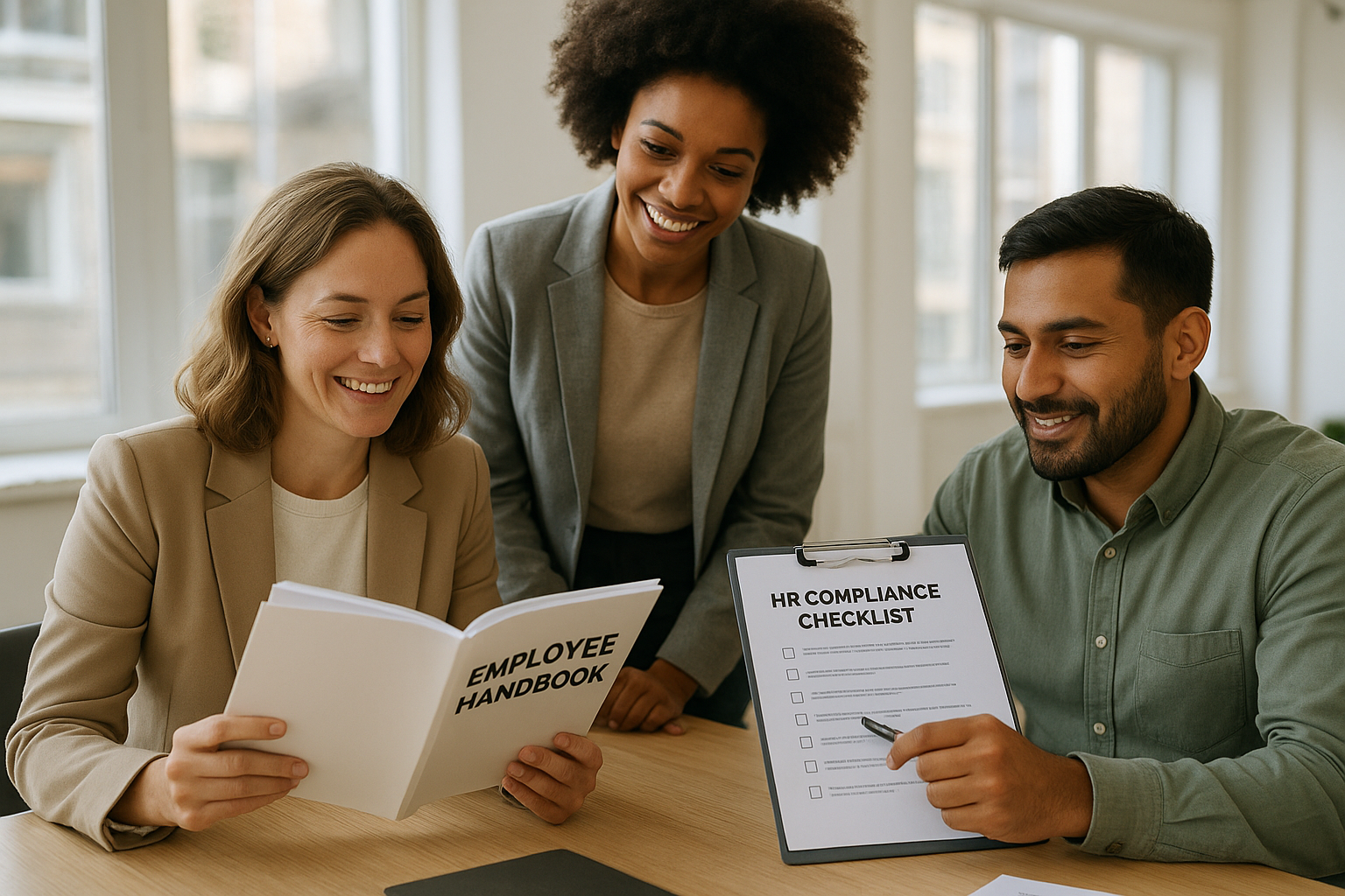 Small business team reviewing HR compliance checklist provided by an outsourced HR partner