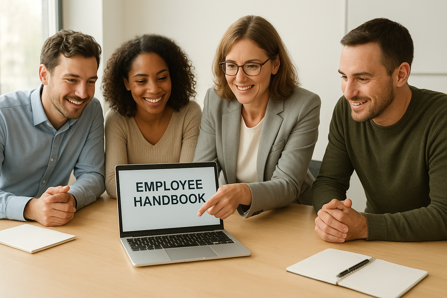 Small business team collaborating with an HR advisor on employee handbook policies