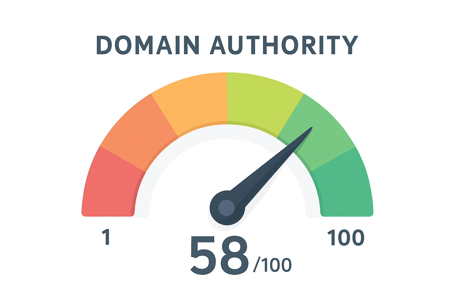 Moz domain ranking score gauge showing a DA of 58 on a 100-point scale