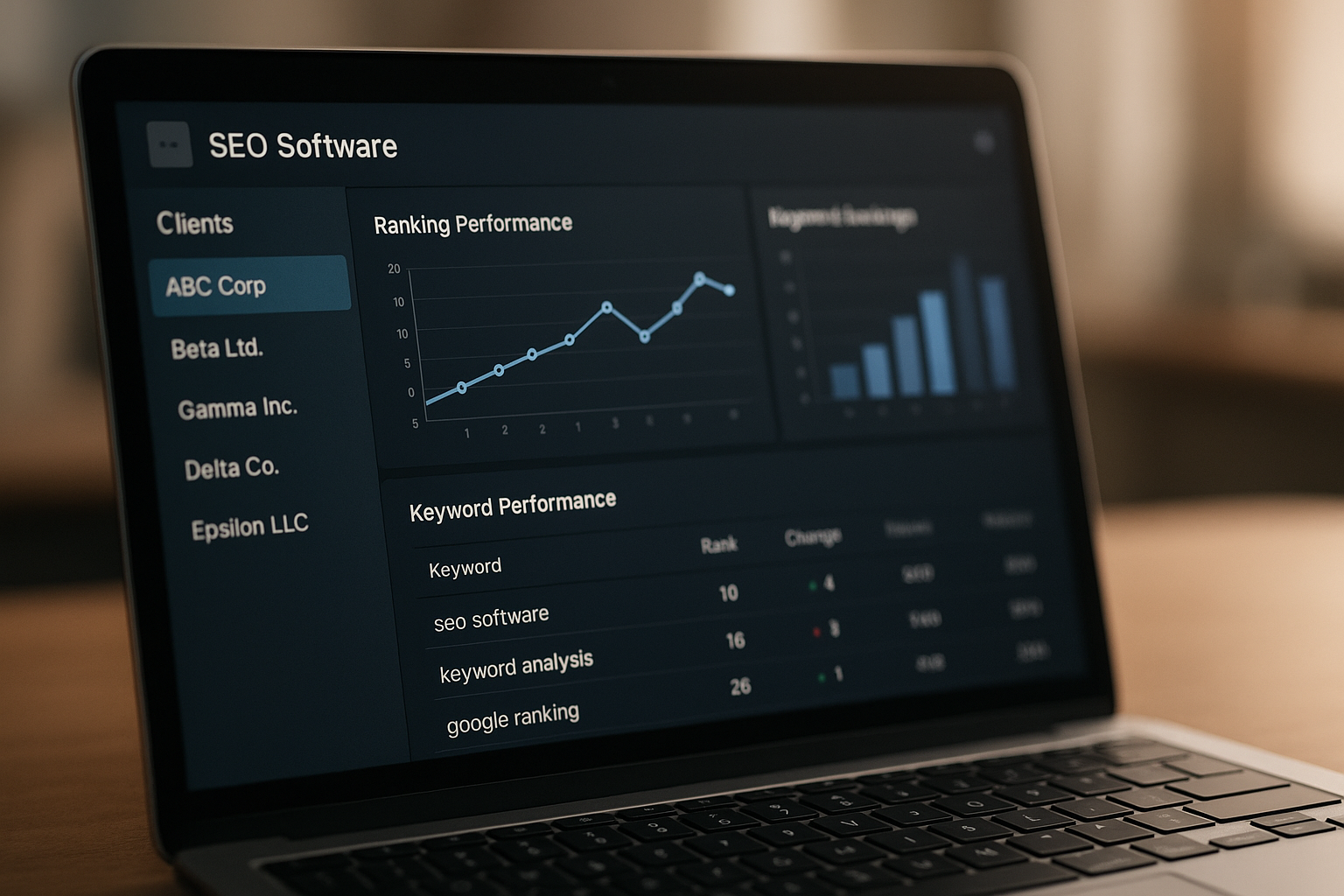 Laptop screen showing multi-client SEO software features for agencies