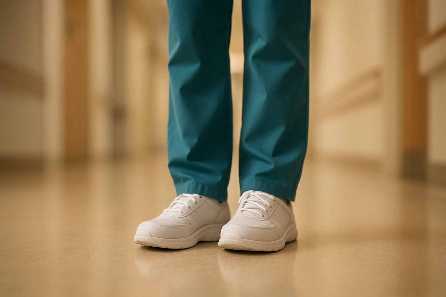 Nurse wearing supportive shoes with orthotics on a hospital corridor floor during a long shift