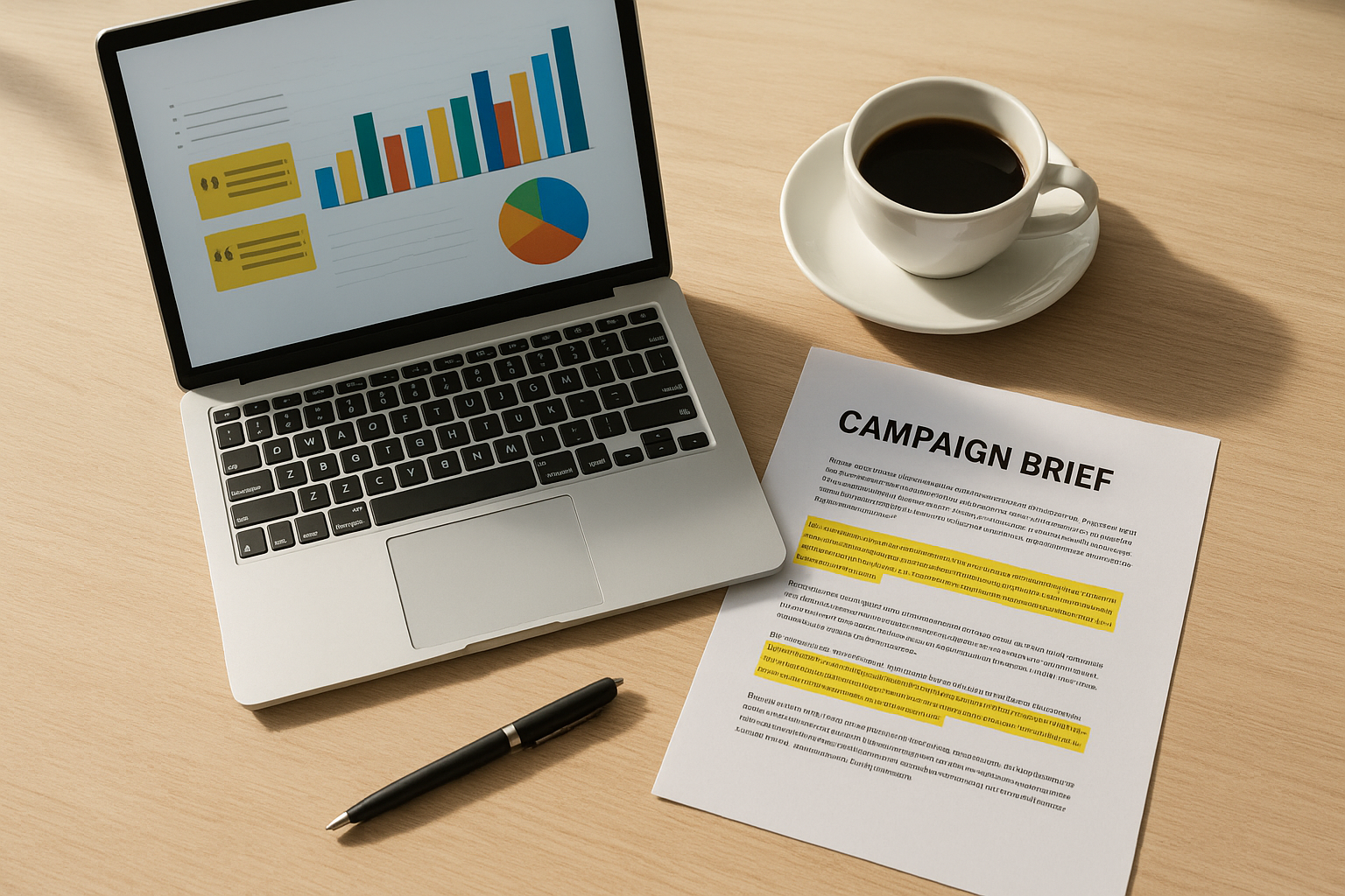Laptop screen showing weakness theme scores next to a printed marketing campaign brief