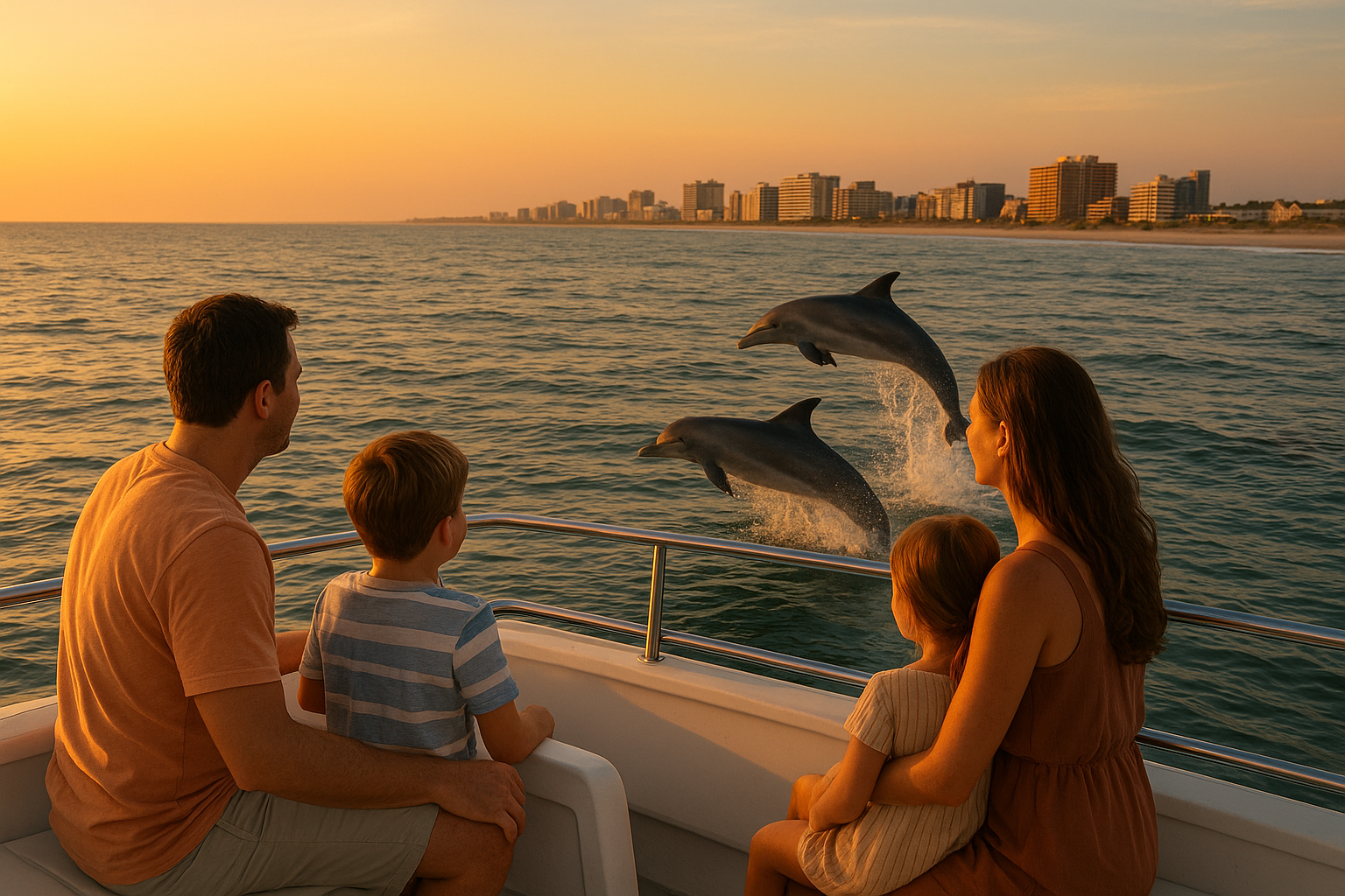 Family enjoying a myrtle beach dolphin tour private charter near the coastline
