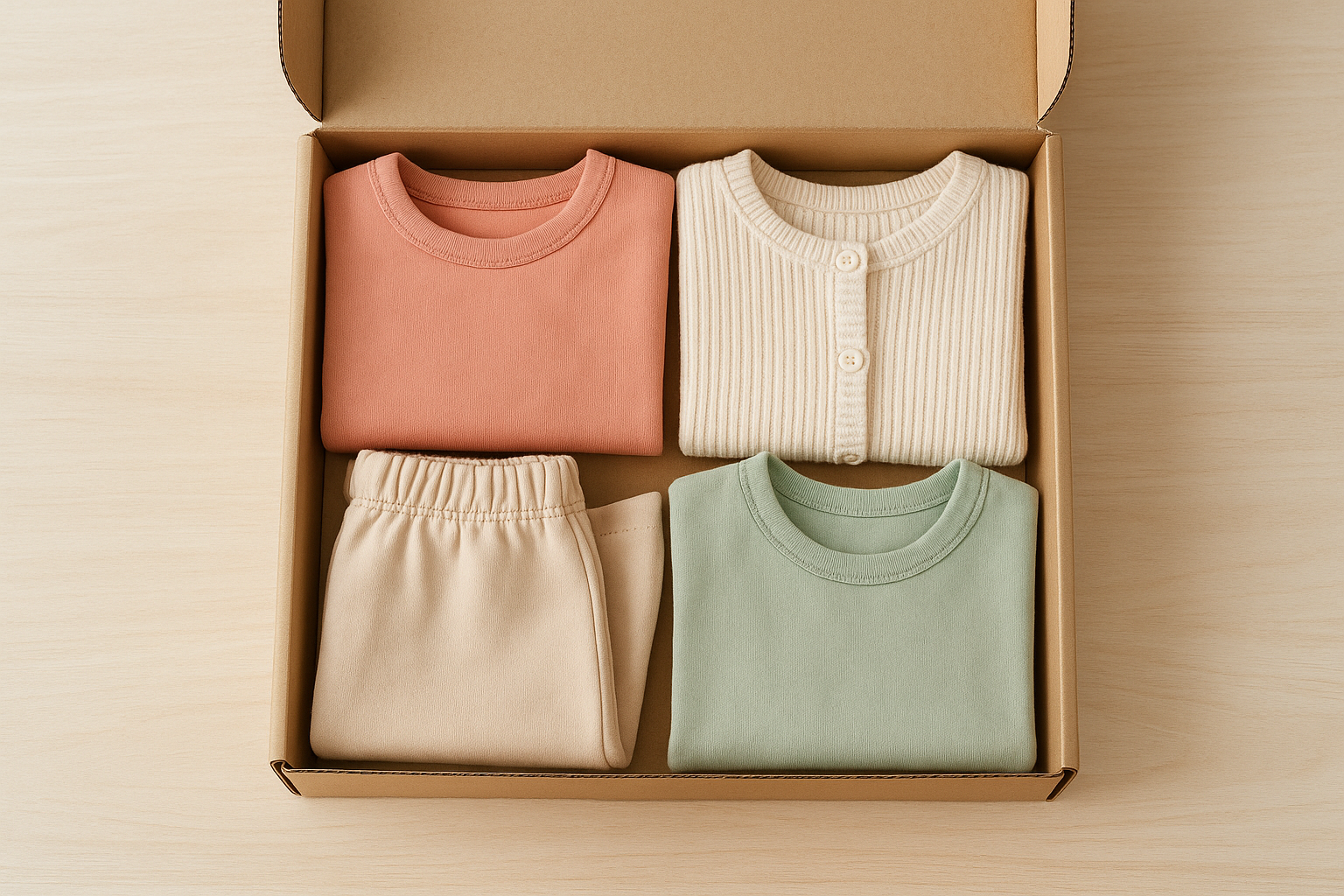 Open subscription box showing a curated selection of rental children's clothing