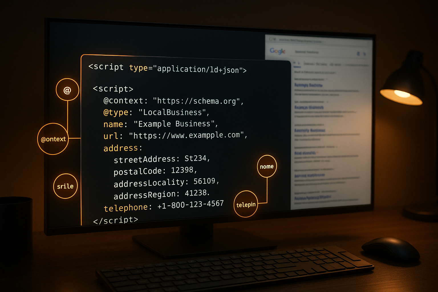 Developer implementing Schema.org structured data markup to improve Google AI search visibility