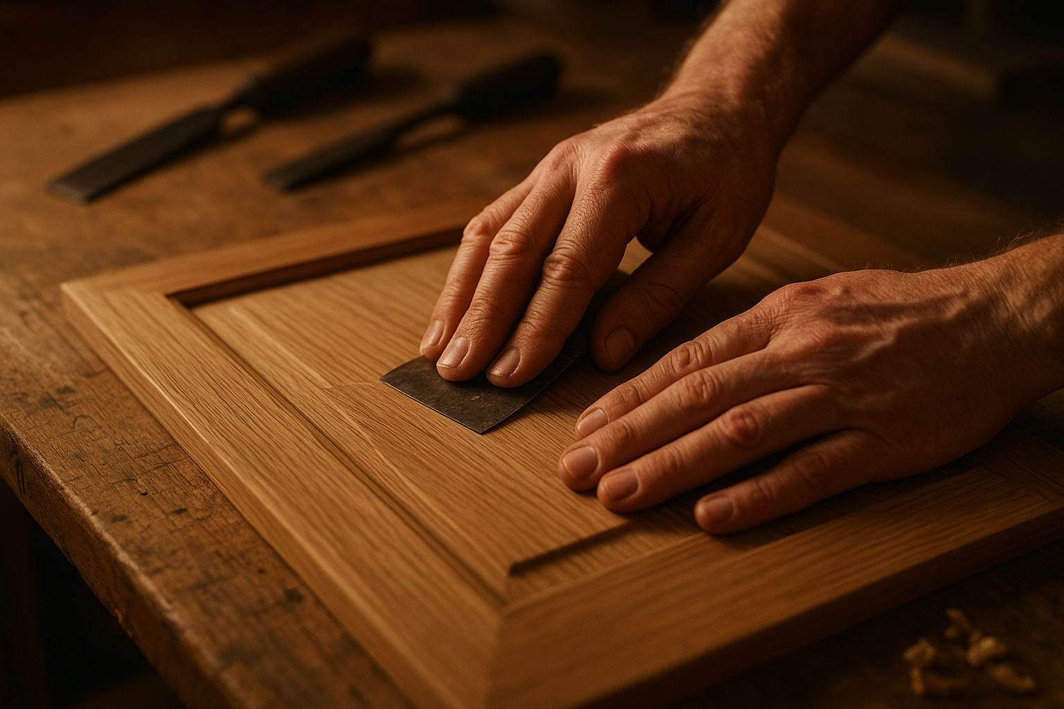 Craftsman applying wood veneer during the cabinet refacing process