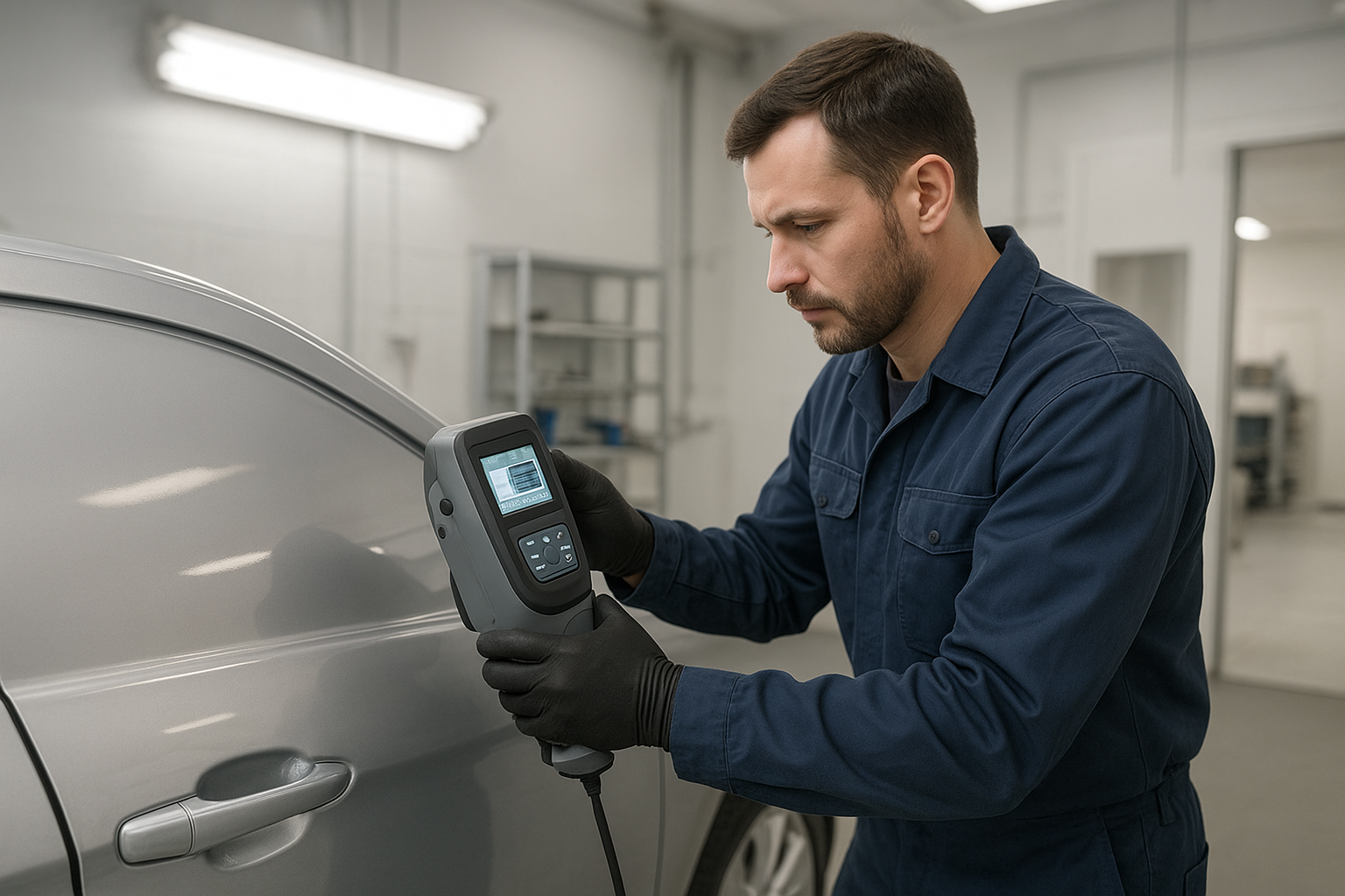 auto body technician using computerized paint matching equipment during a car repair