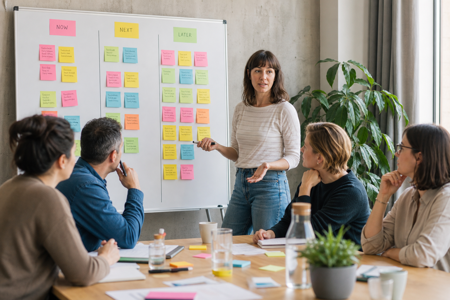 Workshop facilitator organizing AI use-case priorities on a whiteboard during a planning session