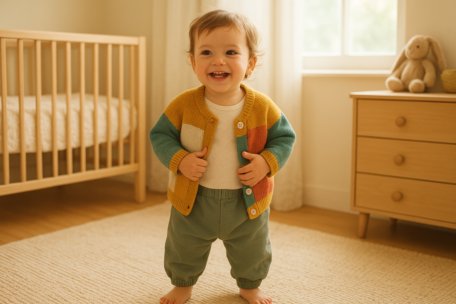 Toddler wearing clothing from a unique kids outfit subscription in a bright nursery