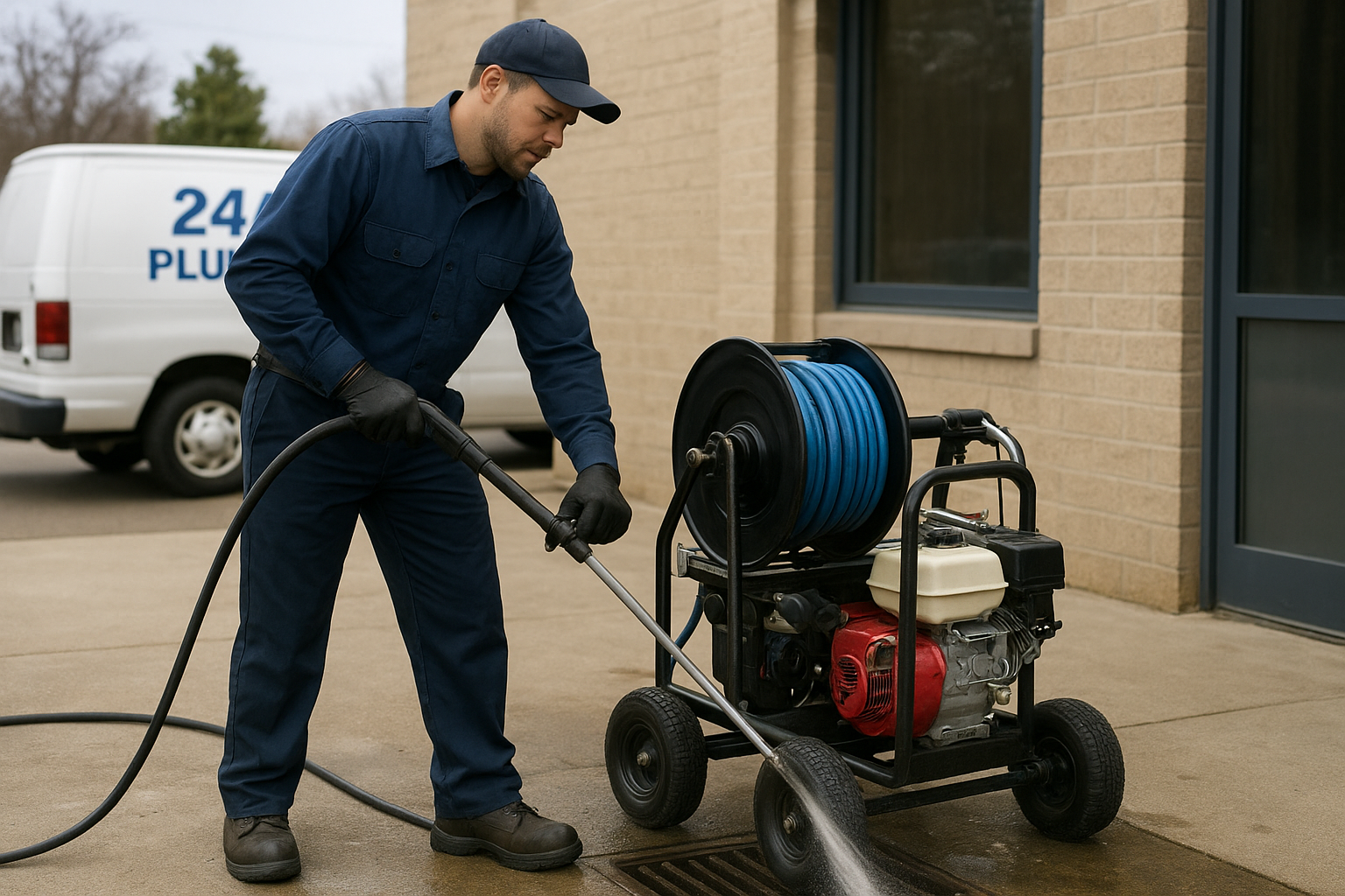 Ecfe1dcd_hydro-jetting-commercial-drain Hydro-jetting equipment clearing a clogged commercial drain line outside a business