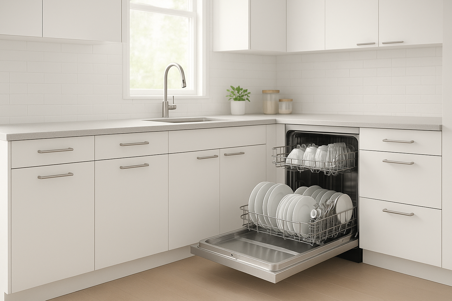 Freshly repaired dishwasher with clean dishes in a Santa Rosa kitchen