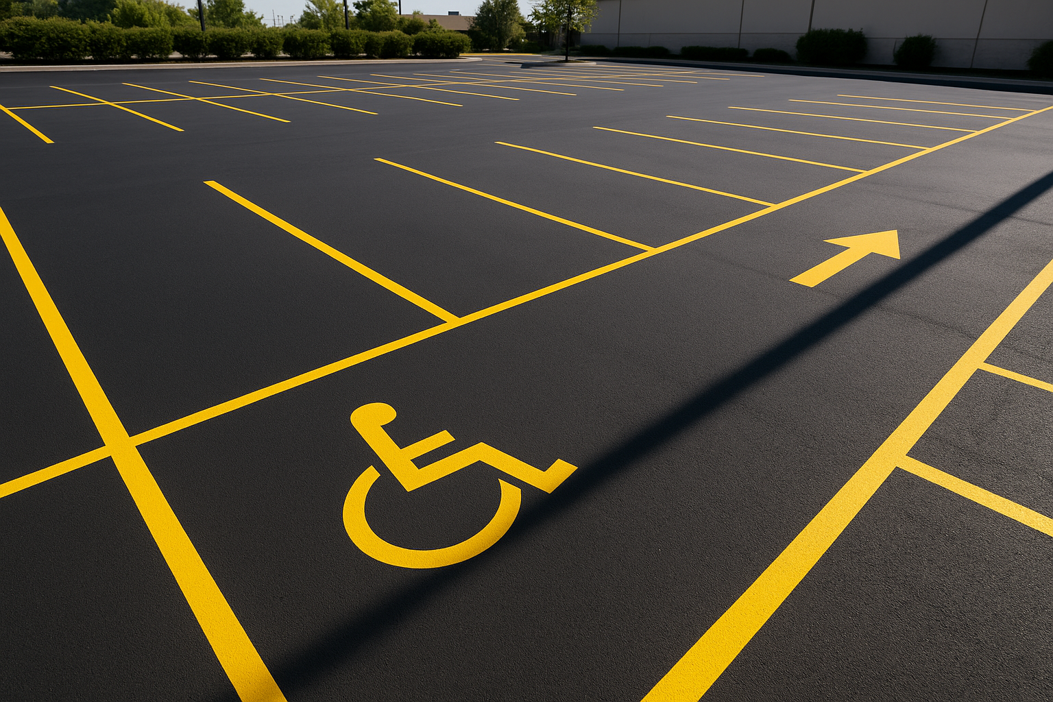 High visibility line marking on a freshly striped commercial parking lot