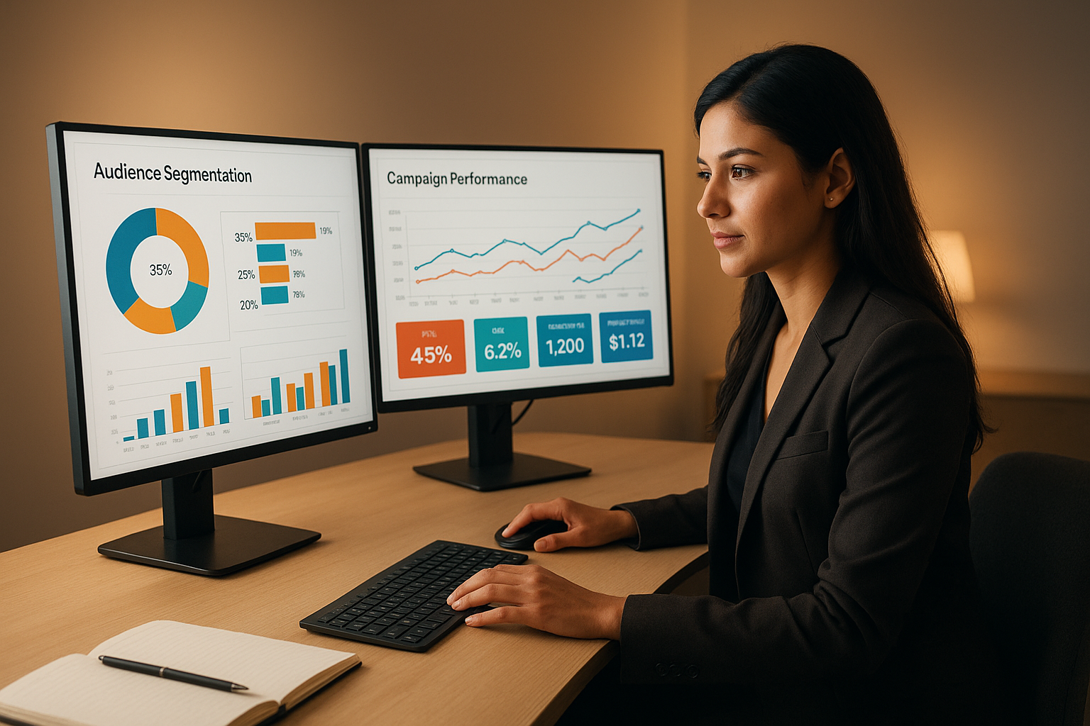 Marketer reviewing AI insights for marketers on a dual-monitor analytics dashboard