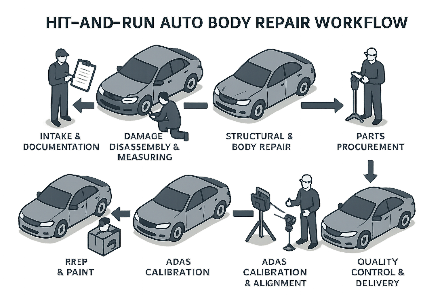 hit and run repair process infographic from intake to delivery