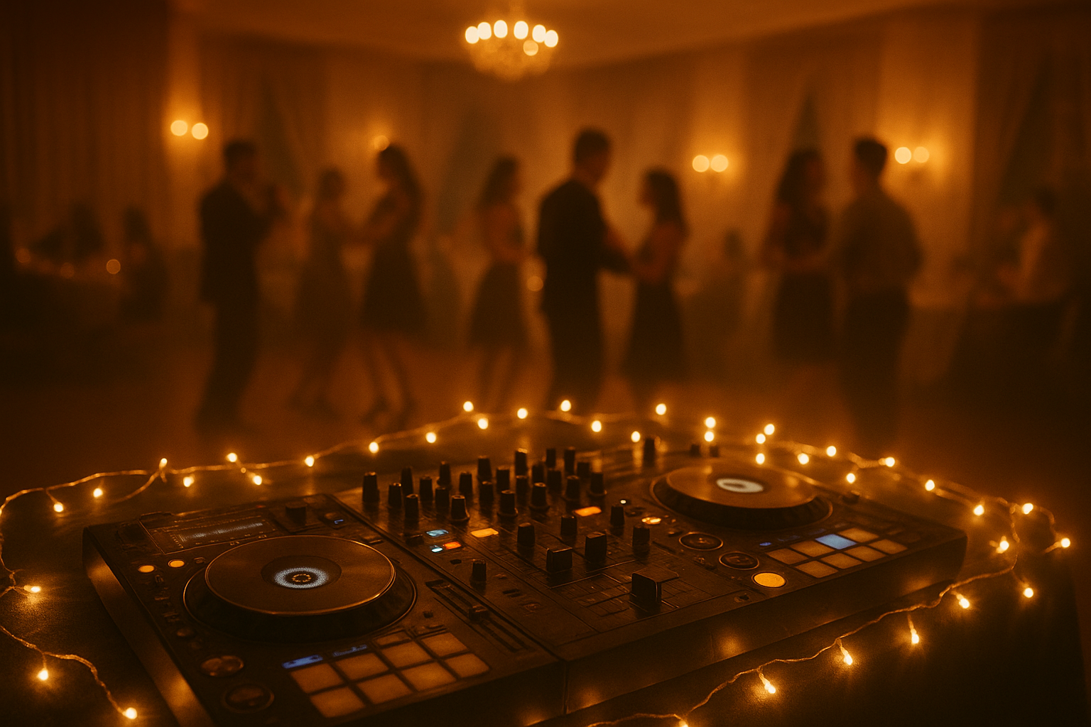Private party DJ Evansville IN setup with lighting and mixing equipment at a banquet hall event