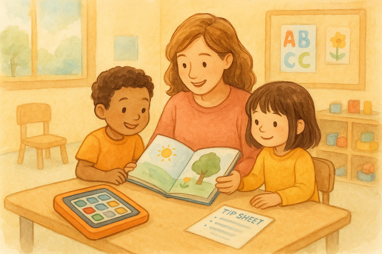 Teacher using a core word tip sheet alongside a shared story with young children in a classroom