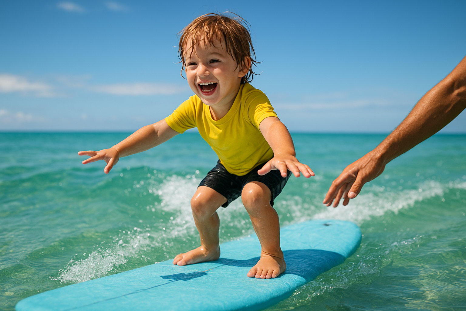 Child standing on a surfboard with instructor guidance during a beginner surf lesson in Waikiki