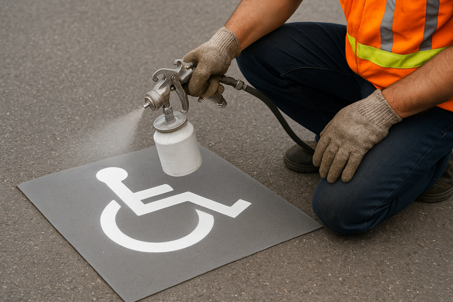 Technician applying ADA accessible parking symbol during a striping project