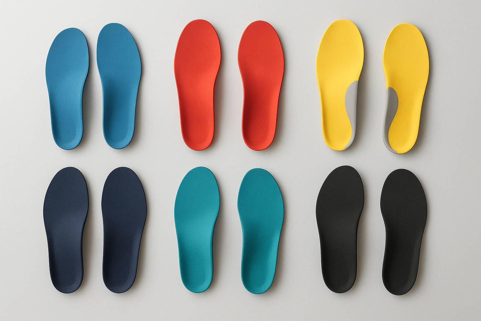 Assortment of custom sports orthotic insoles designed for different athletic activities