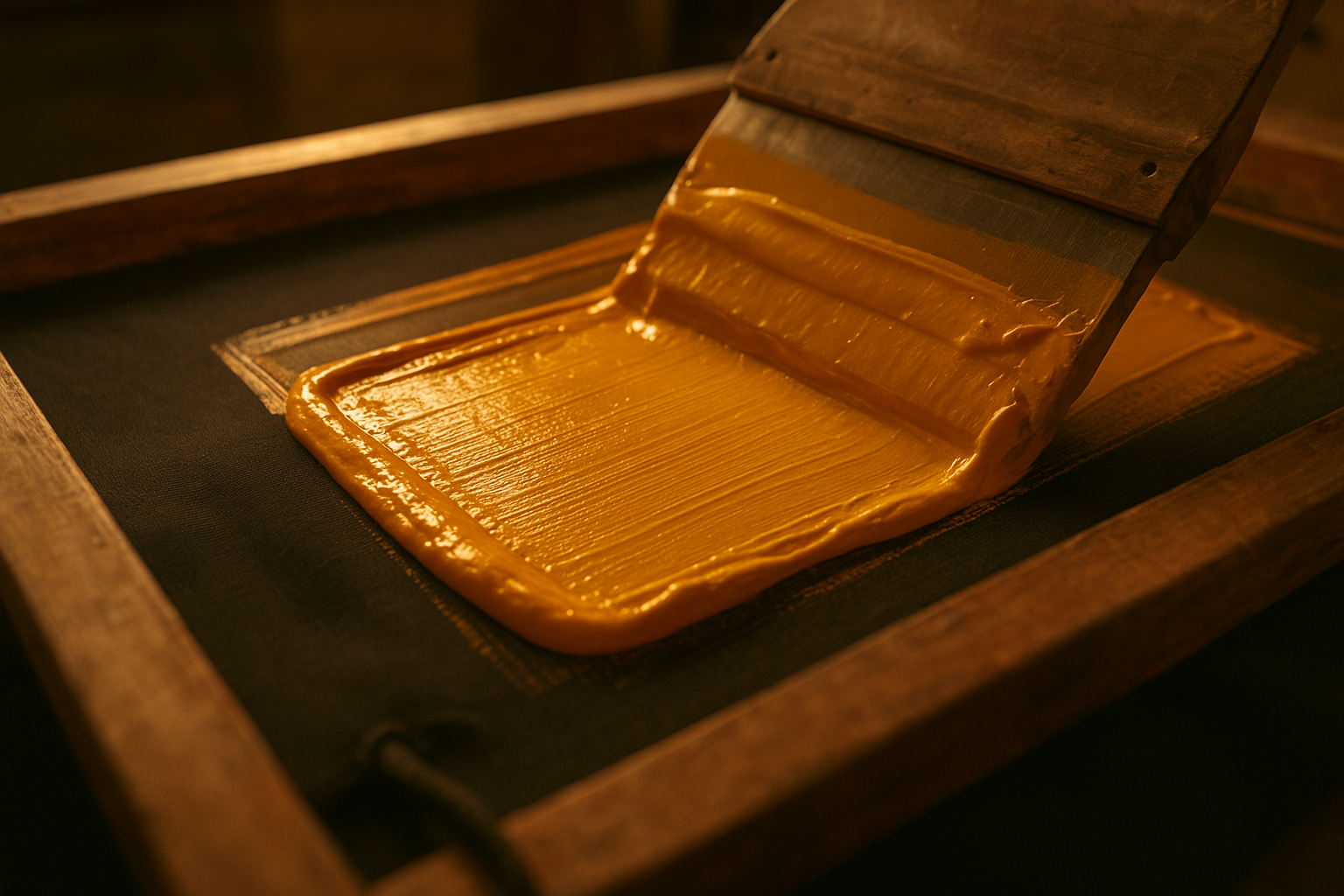 Screen printing ink being applied to a dark hoodie fabric in a workshop