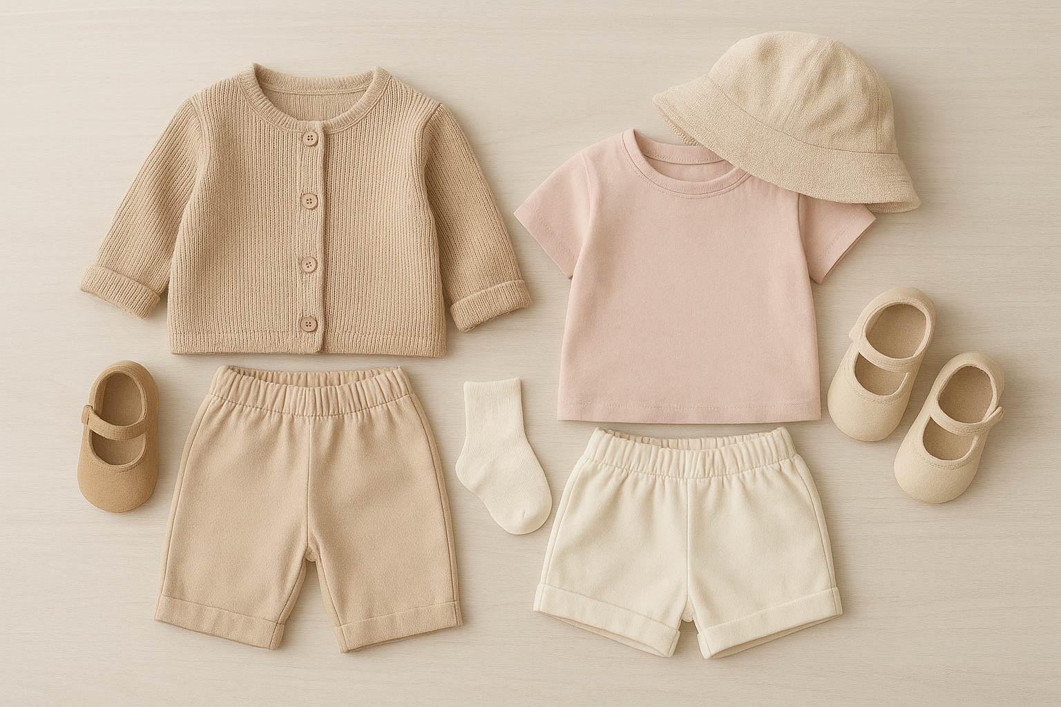Capsule toddler wardrobe pieces arranged as part of a stylish toddler outfit subscription