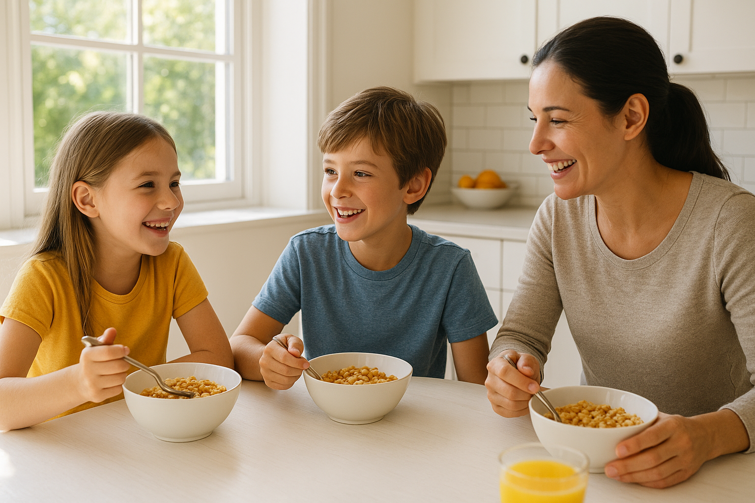 Family eating breakfast together with bowls of whole grain cereal at a kitchen table