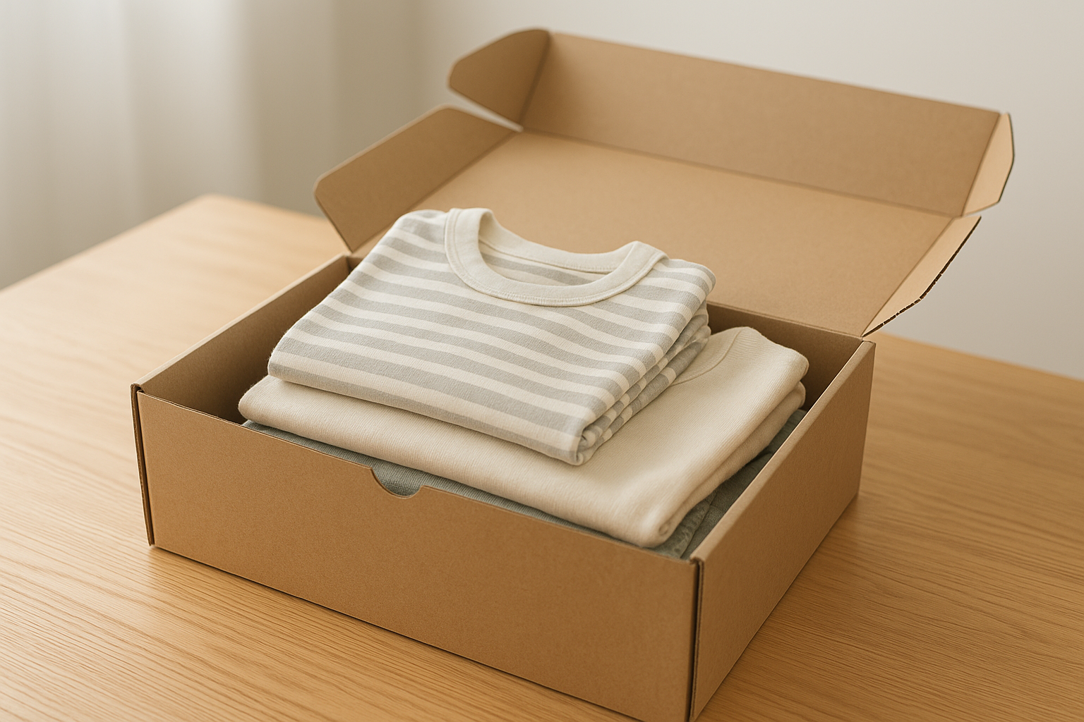 Packed return box for a kids clothing rental swap service
