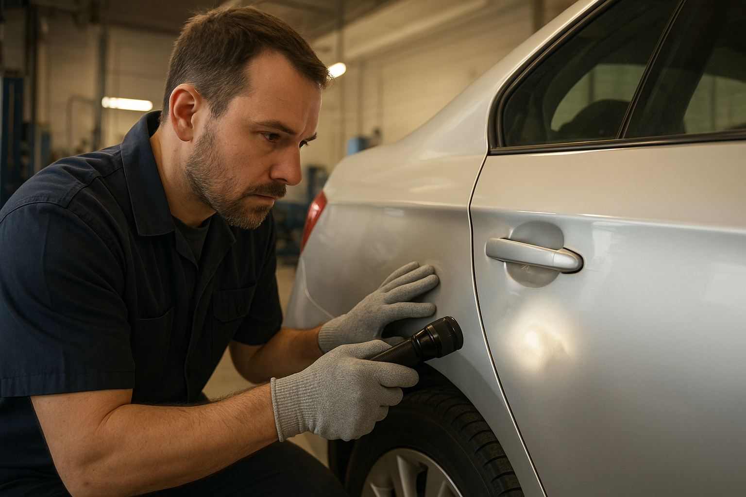 Technician at a customer focused auto body shop Orange County drivers trust inspecting vehicle damage