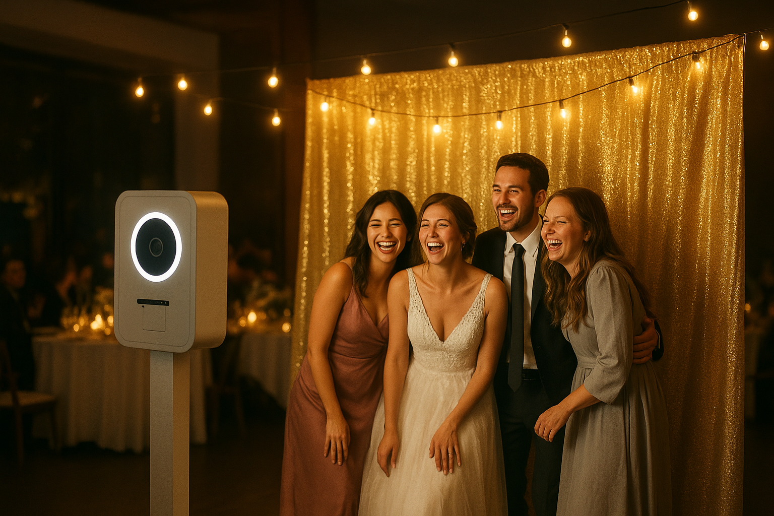 Photobooth rental Mt Vernon Indiana setup at an evening wedding reception with guests posing for photos