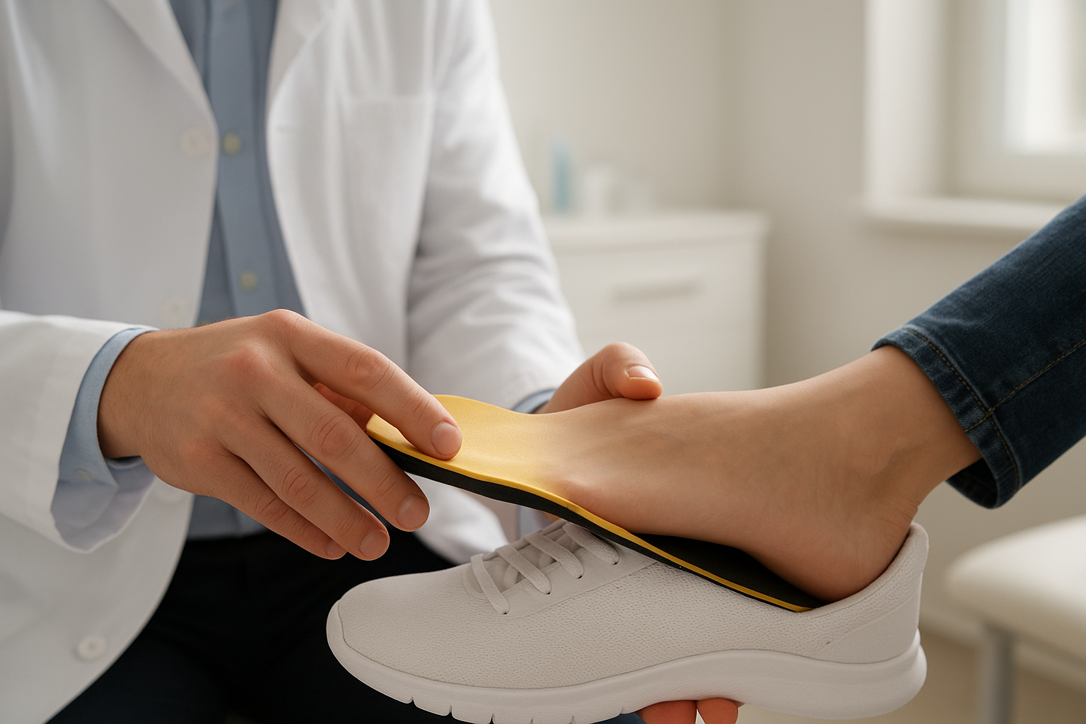 Podiatrist fitting podiatrist custom orthotics into a patient's shoe during a consultation