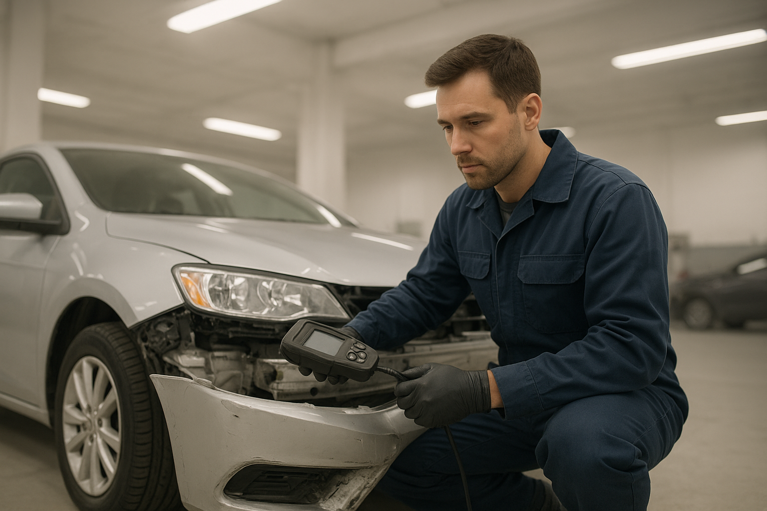 Technician performing a collision damage assessment Brea vehicle owners rely on before repair