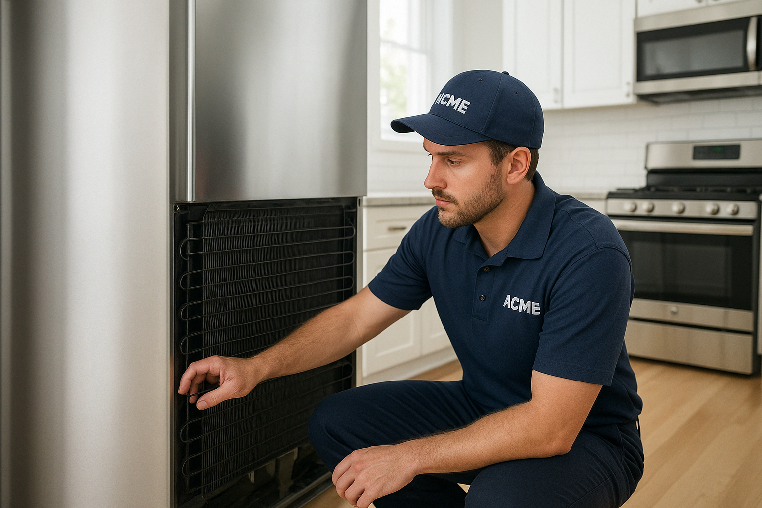 Technician performing professional refrigerator maintenance on condenser coils in a home kitchen
