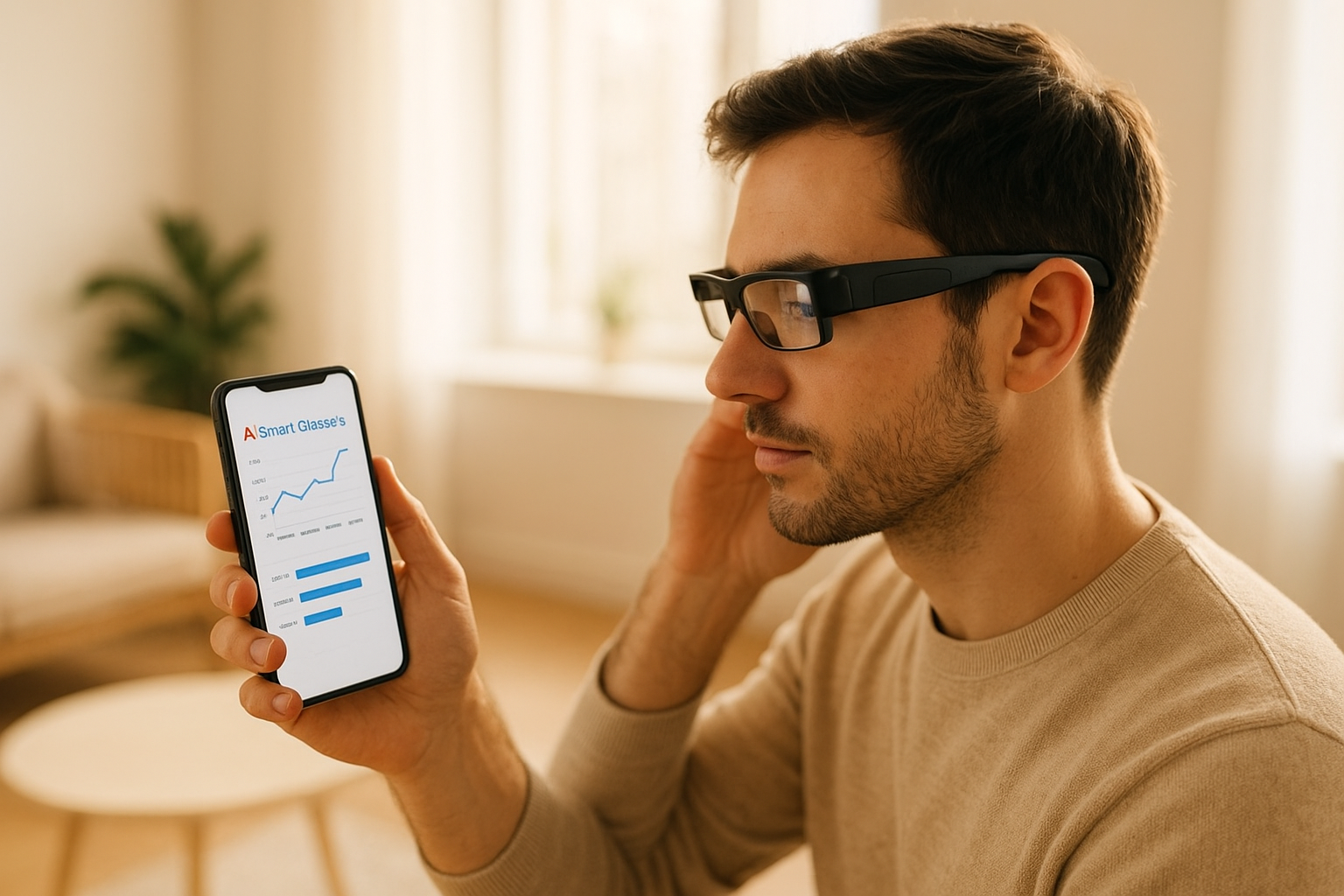Shopper reviewing personalized smart glasses recommendations on a phone before buying