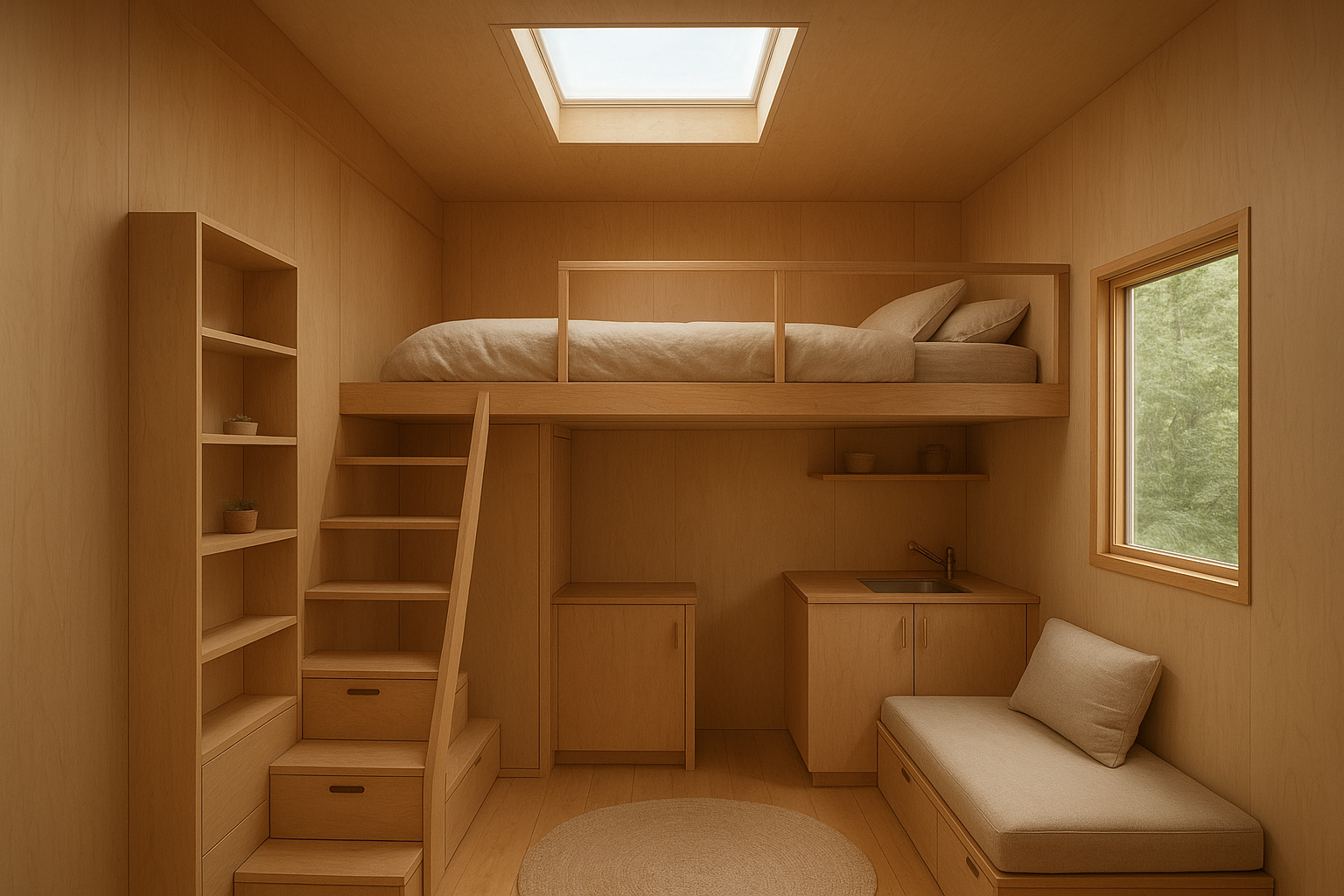 Compact interior layout with built-in storage inside a tiny home style ADU