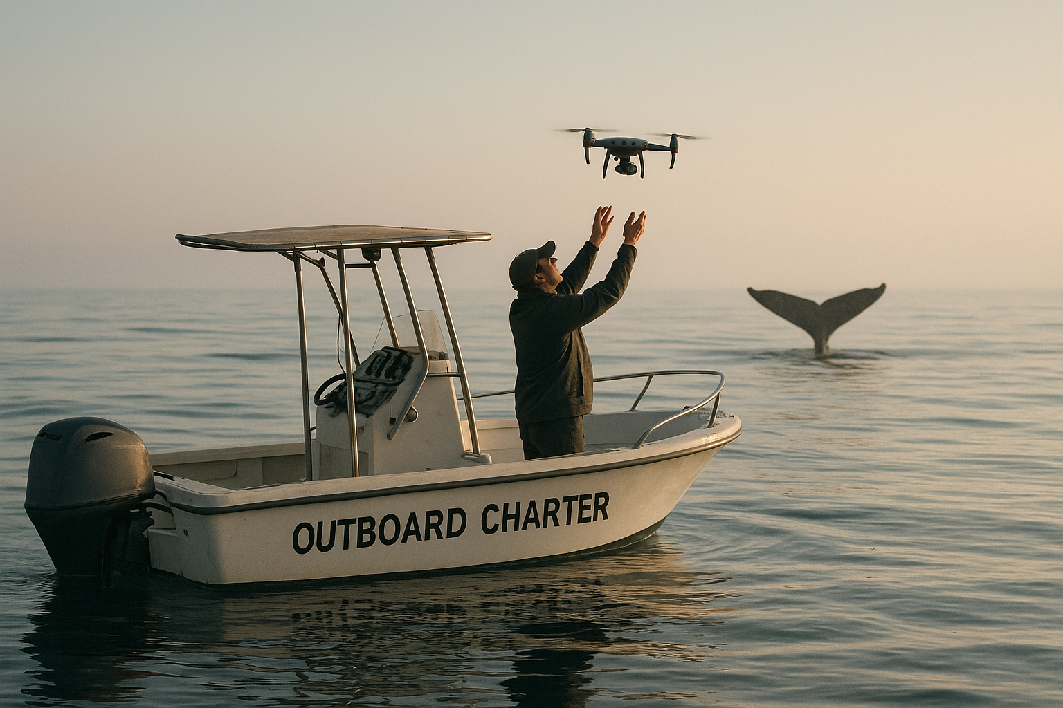 Photographer launching a drone from a drone friendly whale watching charter san diego boat