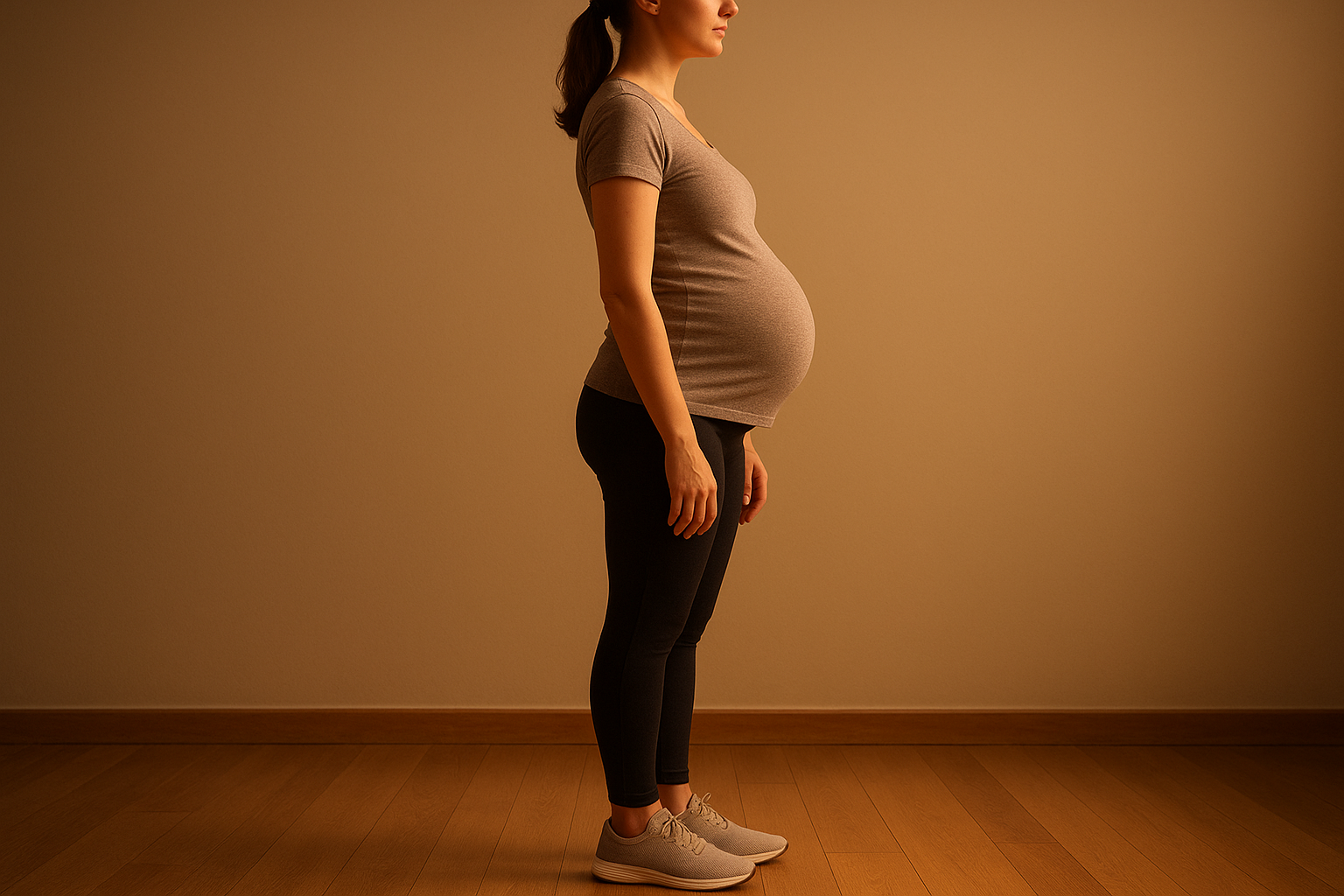 Pregnant woman standing with good posture supported by orthotics for pregnancy foot alignment