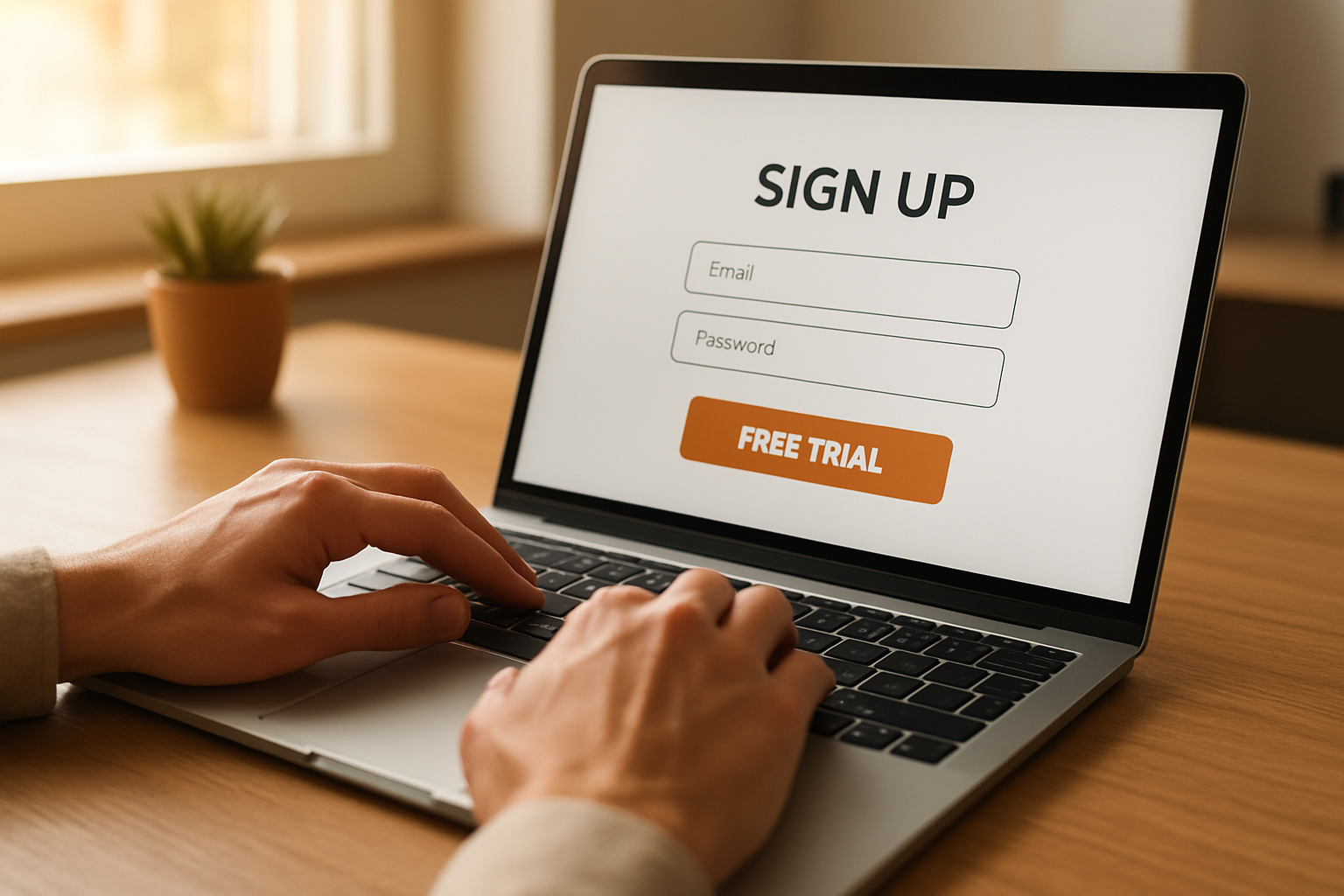 Person signing up for a free trial of an SEO automation tool on a laptop