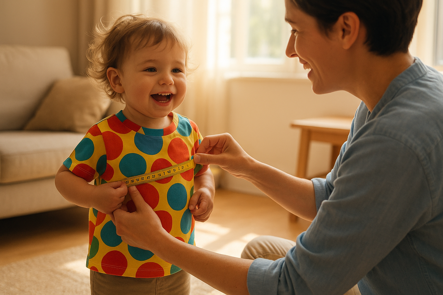 Parent measuring a toddler for a kids clothing subscription size update in a bright living room
