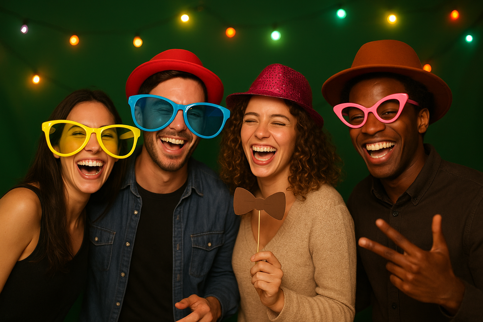 Guests using props and a green-screen backdrop at a self-serve photo booth event in Evansville
