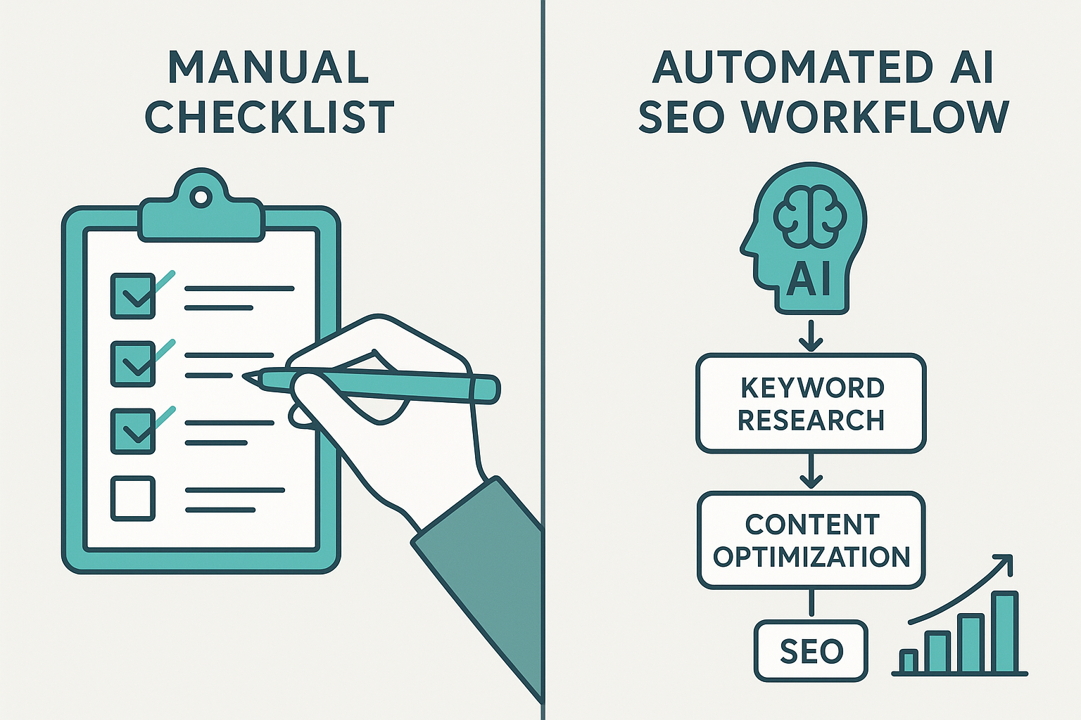 Comparison illustration of manual SEO audits versus automated enterprise AI SEO solutions workflow