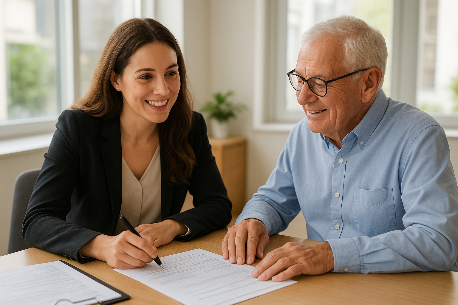 Consultant meeting with senior client to review Medicare Advantage enrollment paperwork