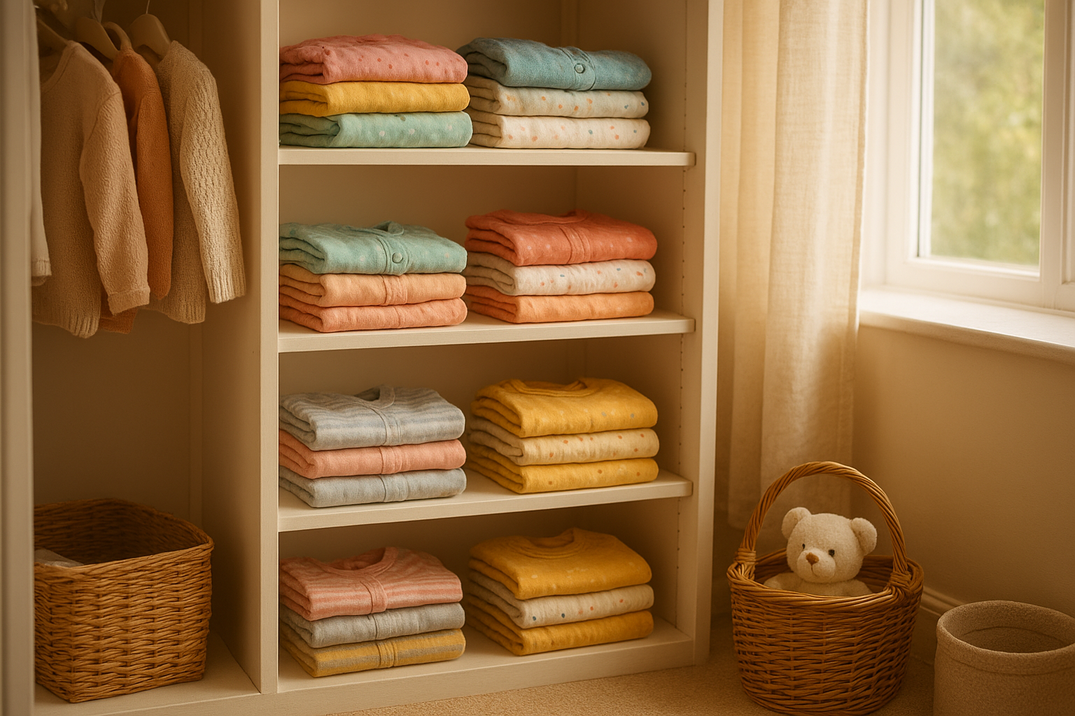 Rotating wardrobe of subscriptions for kids apparel folded on shelves