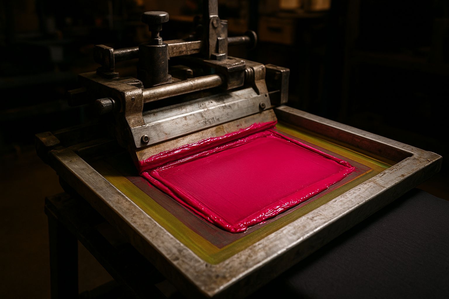 Screen printing press applying ink onto fabric for custom apparel production