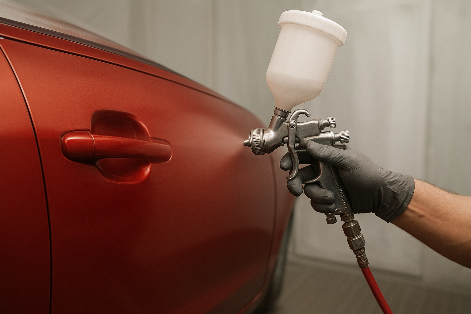 Technician applying color-matched paint during a vehicle collision repair