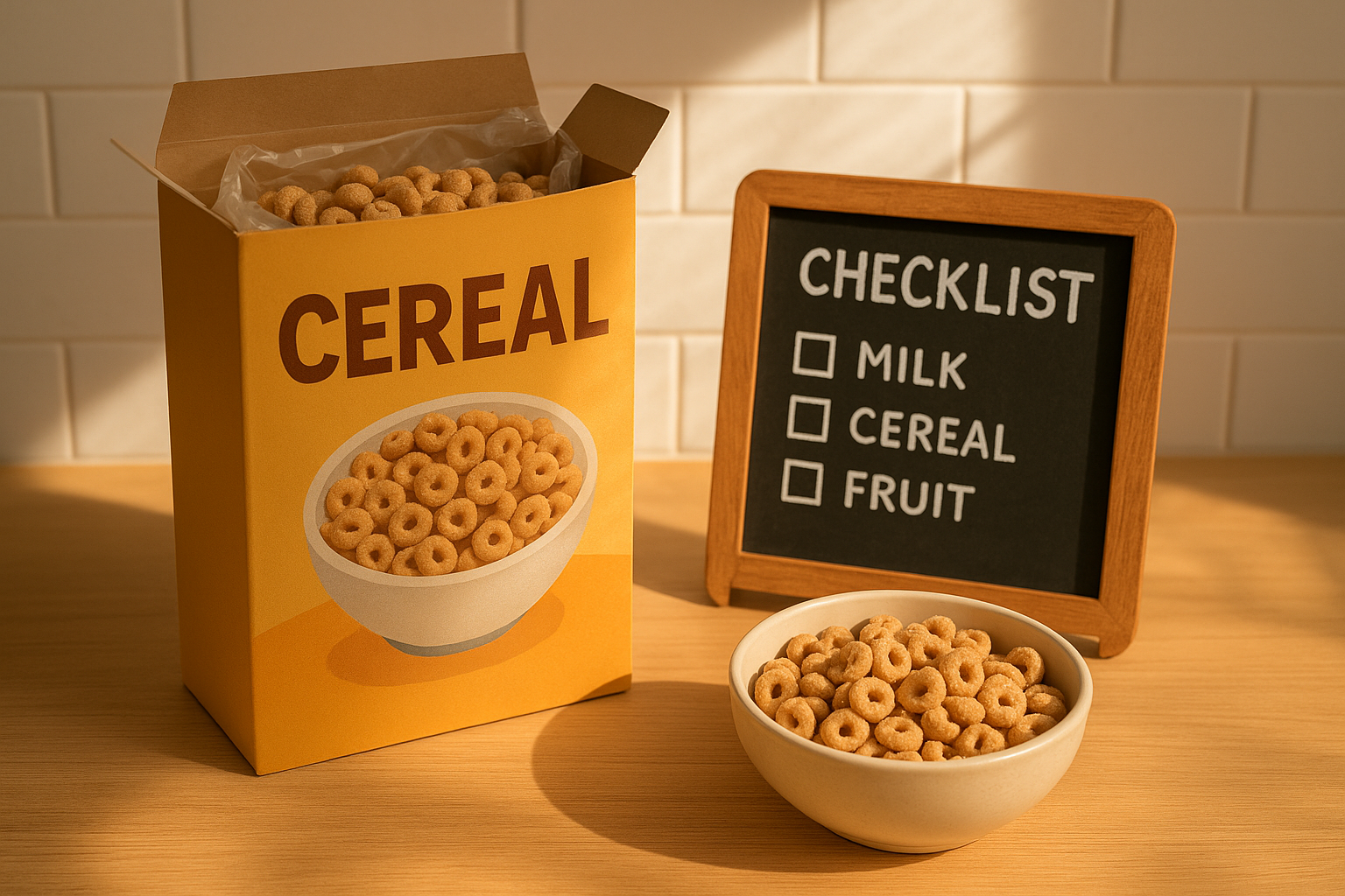 Checklist next to a cereal box for evaluating a low sugar cereal for kids