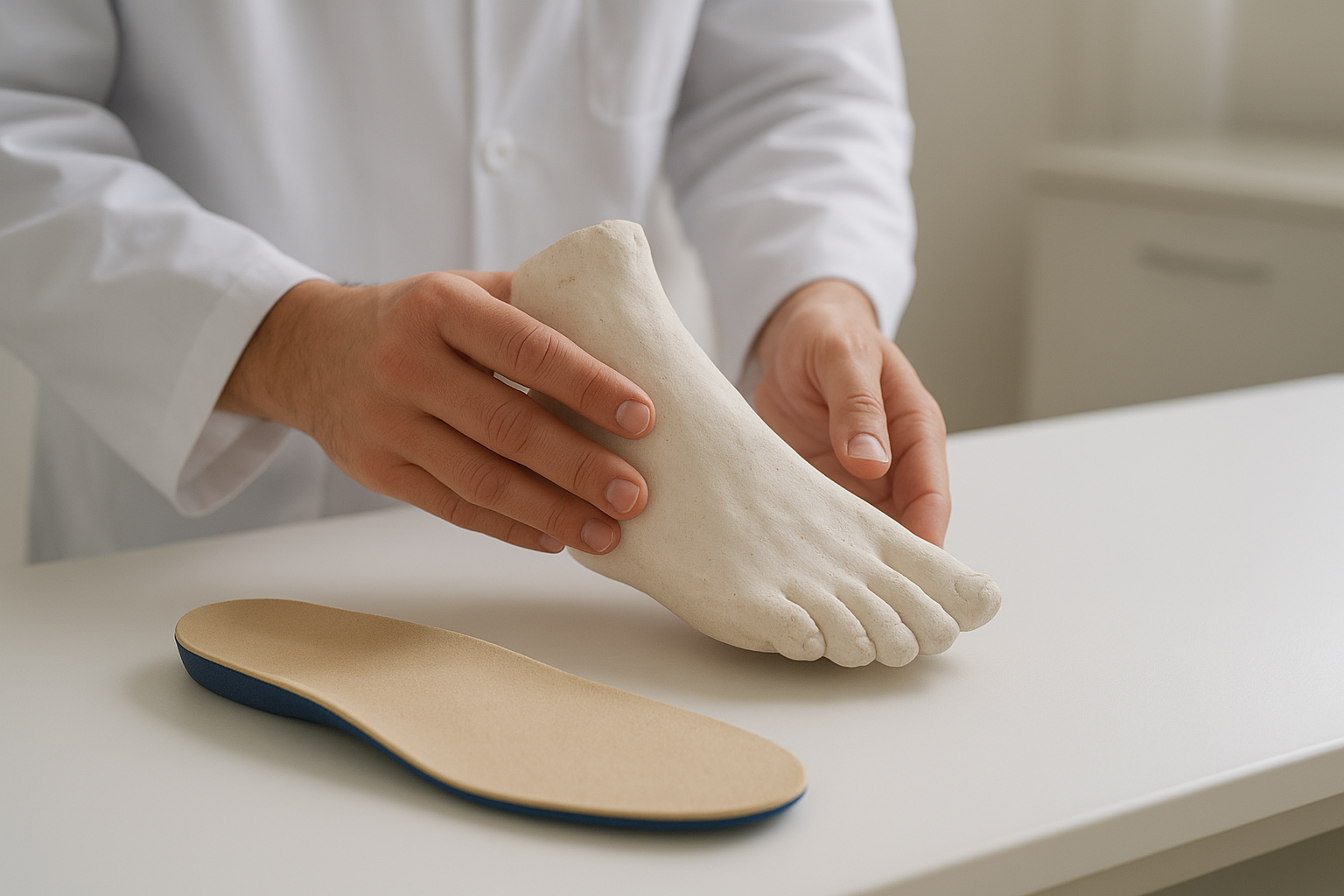 Podiatrist reviewing a foot mold used to fabricate cheap custom insoles