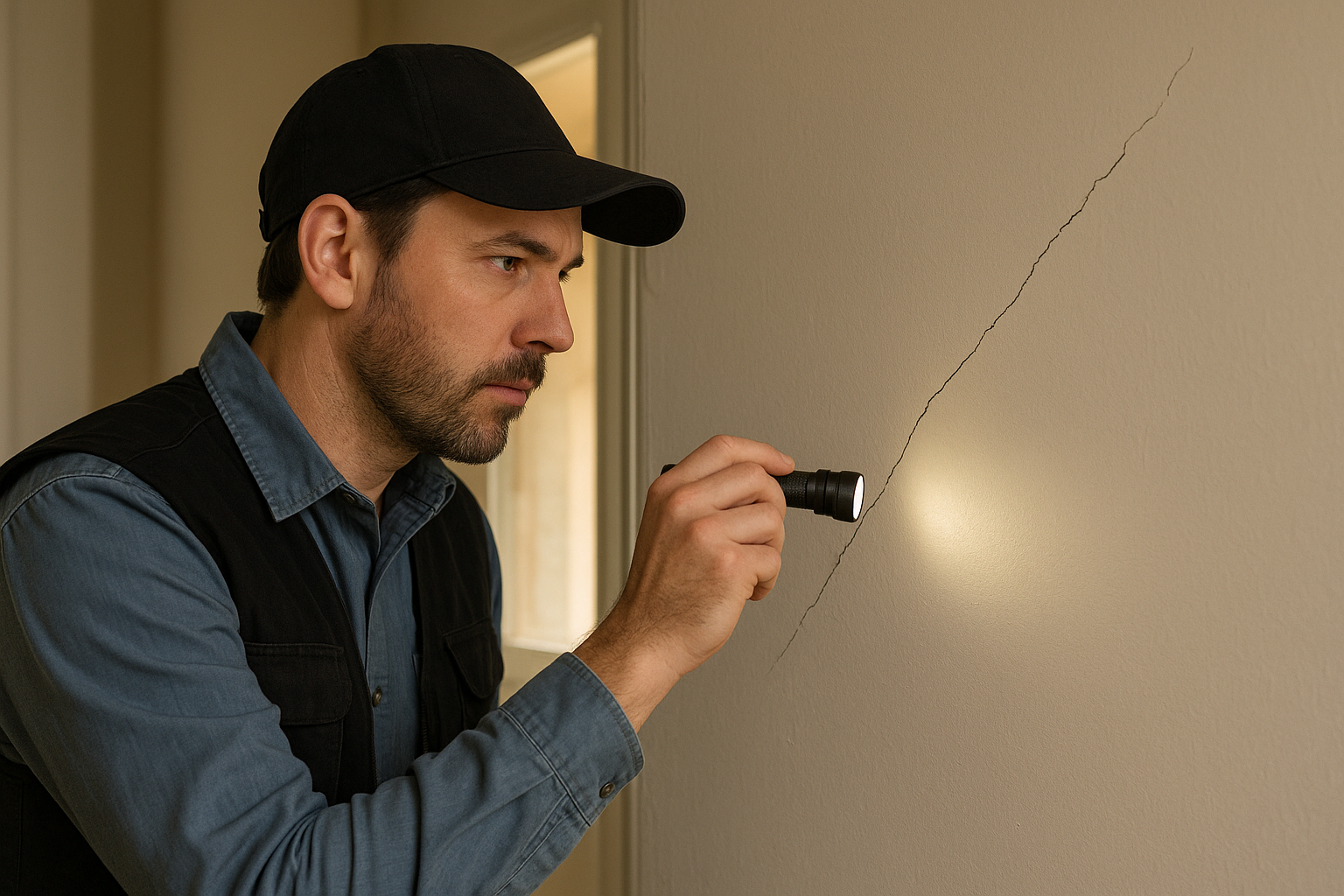 Home inspector examining a cracked interior wall during a structural wall inspection