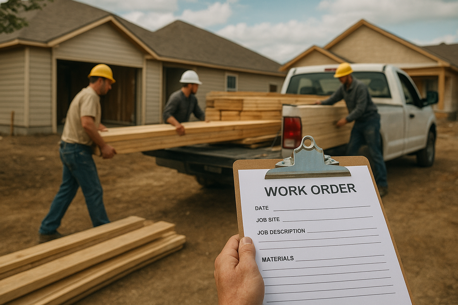 Home improvement crew unloading materials linked to a job order at a residential site